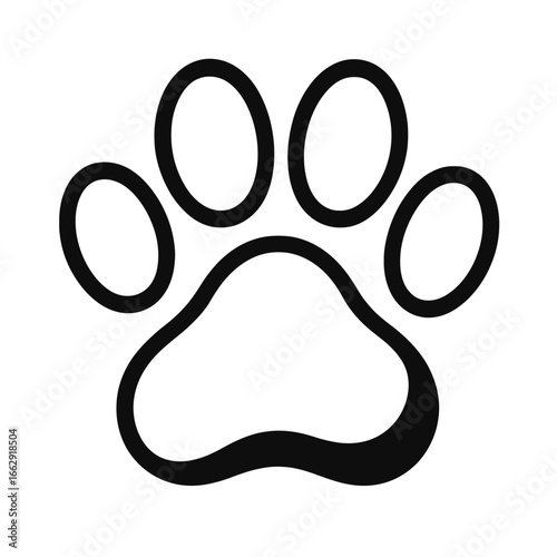 Simple black and white graphic of a paw print, featuring the pads and toes. A universally recognized symbol for pets, animals, and love.