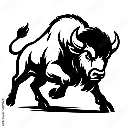 Powerful black and white graphic of a charging buffalo, exuding strength and ferocity with its lowered head and determined stance. A bold symbol of raw power.