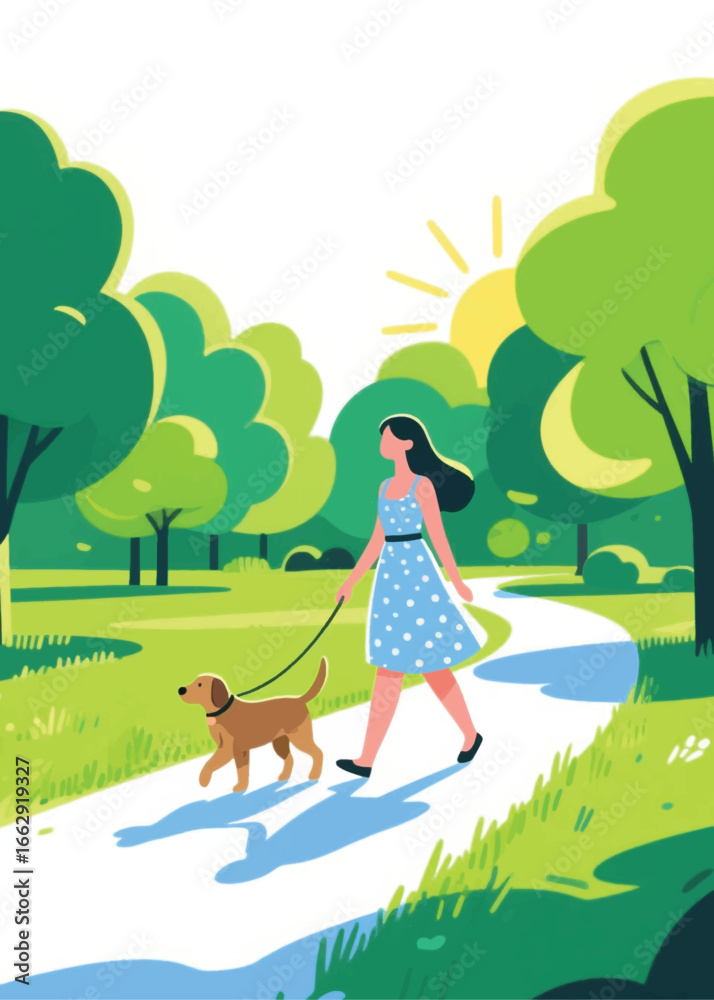 Fototapeta premium woman and dog in the park Illustrator Artwork design template poster