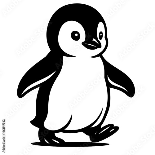 Adorable Penguin Walking - Baby Penguin, Cute Animal, Arctic, Wildlife, Cartoon, Vector Art, Black and White