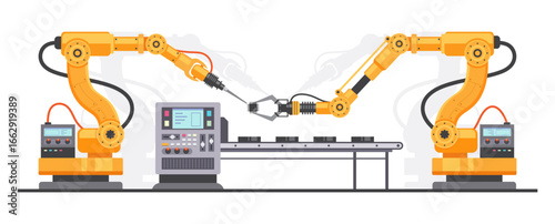 vector Illustration of robotic arms working on a factory production line, highlighting automation in modern manufacturing. Demonstrates technology, efficiency, and machinery in industrial applications