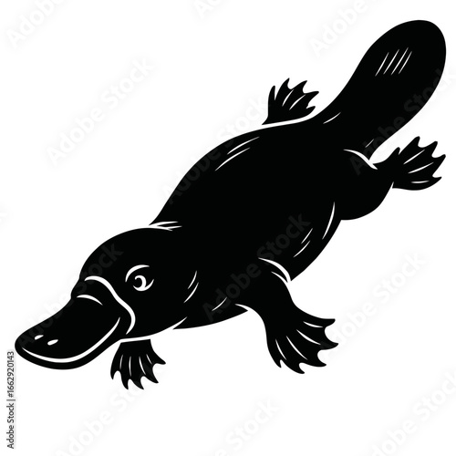 Stylized Platypus Silhouette - Australian Mammal, Unique Wildlife, Aquatic, Vector Art, Black and White