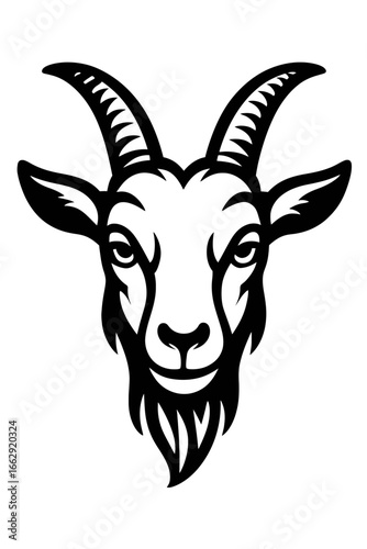 Stylized Goat Head - Farm Animal, Livestock, Aries Symbol, Vector Art, Black and White