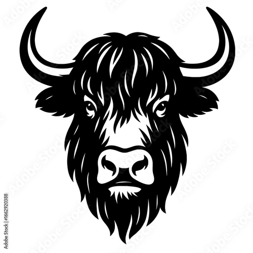 Stylized Highland Cow Head - Cattle, Farm Animal, Scottish Breed, Vector Graphic, Black and White