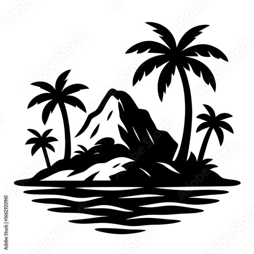 Exotic Tropical Island with Volcano and Palm Trees
