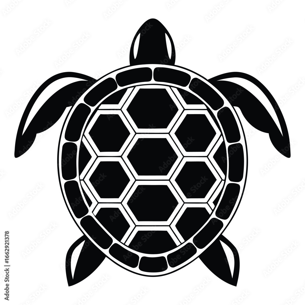 Fototapeta premium Stylized black sea turtle silhouette with hexagonal pattern on shell for marine themes