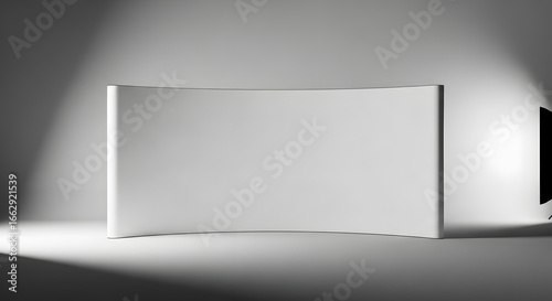 Blank curved exhibition wall display stand for trade show presentations, illuminated by spotlights in a studio setting