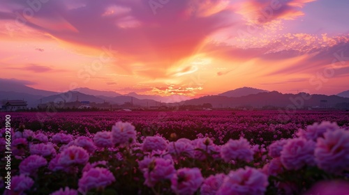 Image of a beautiful sunset over a field of pink peony flowers, The sky is ablaze with vibrant hues of orange, pink, and purple, creating a stunning backdrop.