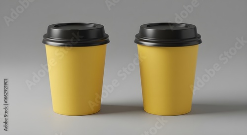 Yellow coffee cups with black lids on a light gray background