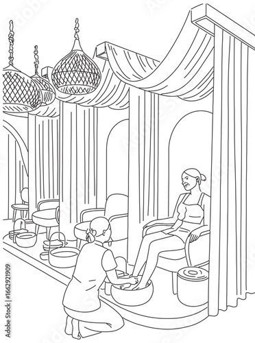 Hand drawn line woman in spa salon,Woman receiving foot spa treatment, with therapist in uniform massaging her feet,Room for pedicure nails care spa, relaxation, and hygiene, Vector illustration