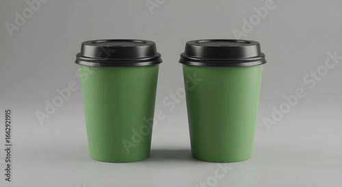 Green Coffee Cups Mockup with Black Lids on a Gray Background