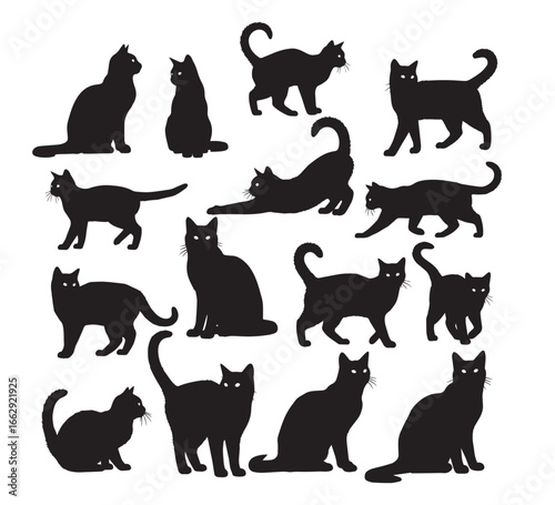 A collection of black cat silhouettes, including a jumping kitten and other domestic pets