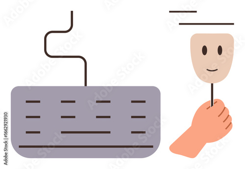 Keyboard and hand holding a mask with a smiling face. Ideal for themes thumbs up online identity, anonymity, cybersecurity, communication, digital interaction, privacy, and deception. Simple flat