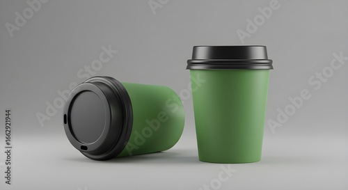 Green Coffee Cups Mockup Isolated on Gray Background Takeaway Beverage
