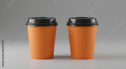 Orange Coffee Cups with Black Lids on a White Surface, Isolated