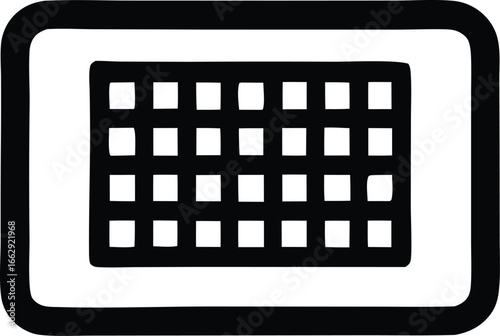 Monochrome grid interface icon represents digital data display and organization on a computer screen or device ui