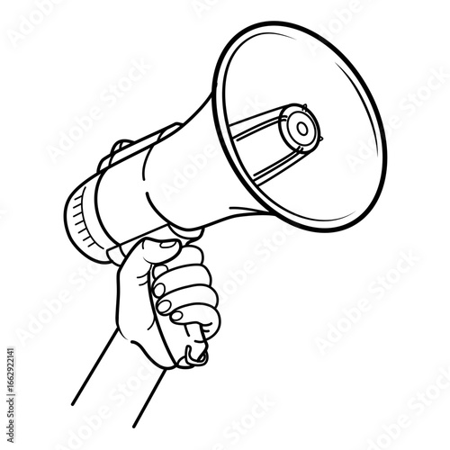 Hand holding Megaphone,Megaphone speaker or loudspeaker bullhorn for announce promotion, Megaphone loud hailer with microphone,Hand drawn line drawing vector illustration