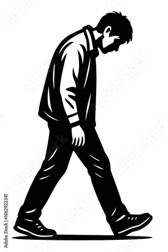 Monochrome Illustration of a Tired or Depressed Man Walking