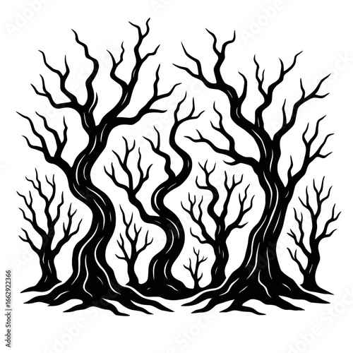 Eerie Twisted and Bare Trees in a Spooky Forest Illustration