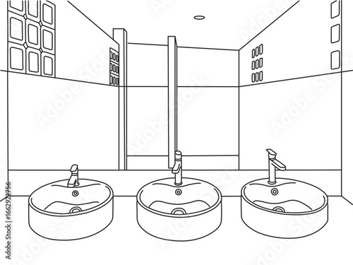 Washbasin,Hand line drawing  of washbasin and mirror ,bathroom sink basin and mirror,House hold equipment with faucet,vector illustration bathroom sink.	