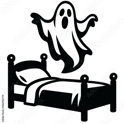 A spooky, floating ghost hovering above a classic bed, a whimsical vector illustration for Halloween and haunted house themes.