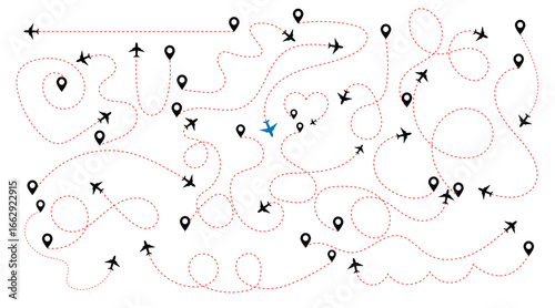 Set of airplane dotted line paths with flight routes, travel map pins and aircraft tracking icons.