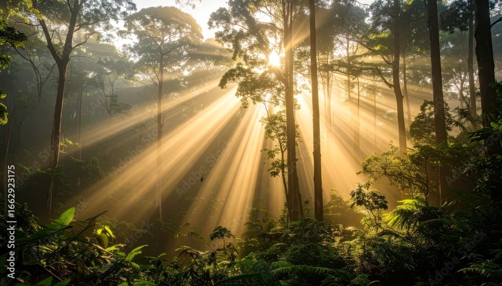 Obraz premium Sunlight filters through a misty forest path, illuminating the trees with morning sunbeams