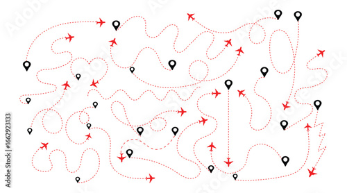 Airplane line path routes. Travel vector icon. Travel from start point and dotted line tracing. Plane routes flight air dotted isolated illustration.
