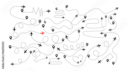Set airplane routes in dotted line. Aircraft tracking, planes, travel, map pins, location pins.
