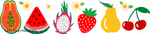 summer fruits and flowers set papaya, watermelon, dragon fruit, strawberry, pear, cherries daisies isolated background