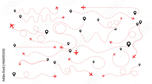 Airplane flight path vector illustration with dotted route lines, pin markers and start-to-destination trace.