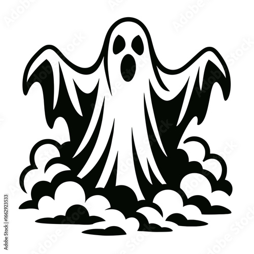 A spooky ghost emerging from a swirling cloud of smoke, a classic vector illustration for Halloween and horror designs.