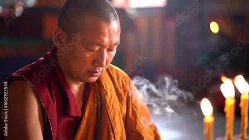 Peaceful Buddhist Monk Contemplation & Candlelight in Spiritual Setting