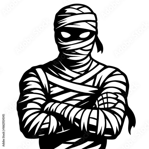 A strong mummy character with crossed arms and a menacing look, a confident vector illustration for Halloween, horror, and spooky designs.