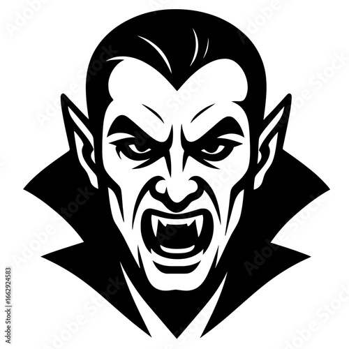 A ferocious vampire face with sharp fangs and angry eyes, a classic vector illustration for Halloween, horror, and fantasy designs.