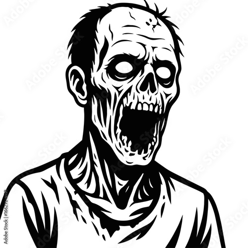 A horrifying zombie with a screaming mouth and empty eyes, a chilling vector graphic for Halloween, horror, and spooky designs.