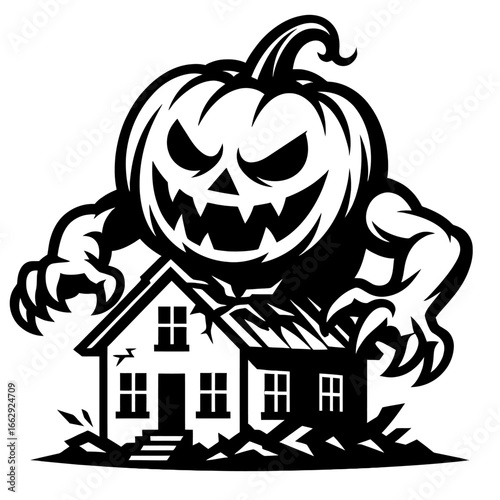 A massive pumpkin monster destroying a haunted house, a dramatic vector illustration for Halloween and spooky themes.