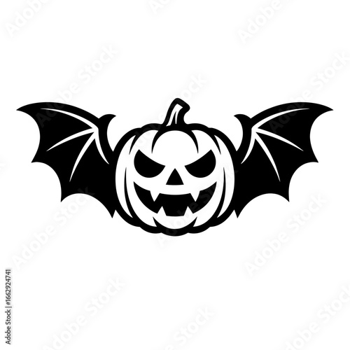 A spooky flying jack-o'-lantern with bat wings, a unique and eerie vector illustration for Halloween and spooky designs.