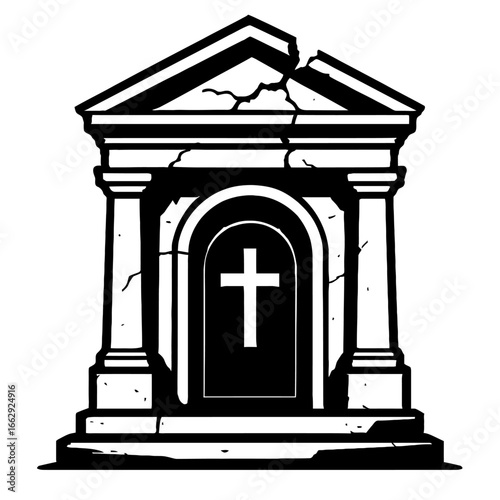 Cracked and Broken Mausoleum with Cross - Spooky Vector Illustration