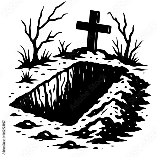 Open Grave and Cross - Vector Halloween and Horror Illustration