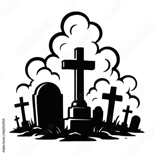 Graveyard with Tombstones, Crosses, and Clouds - Halloween Vector Art