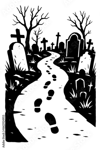 Footprints on a Path in a Spooky Graveyard at Night