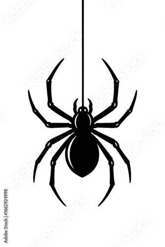 Hanging Black Spider on a Thread - Halloween Vector Illustration