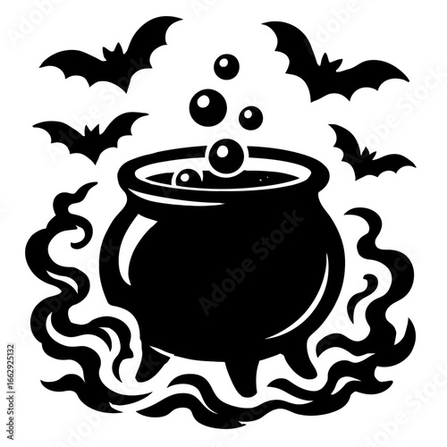 Black Cauldron with Bubbles, Smoke, and Bats - Halloween Vector Illustration