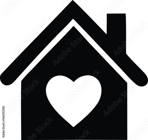 Symbolic house with heart icon represents love home family comfort safety and belonging in a simple black and white design