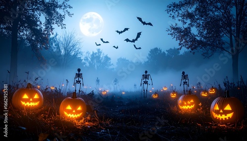 Spooky Halloween scene of skeletons and jack-o'-lanterns under a full moon