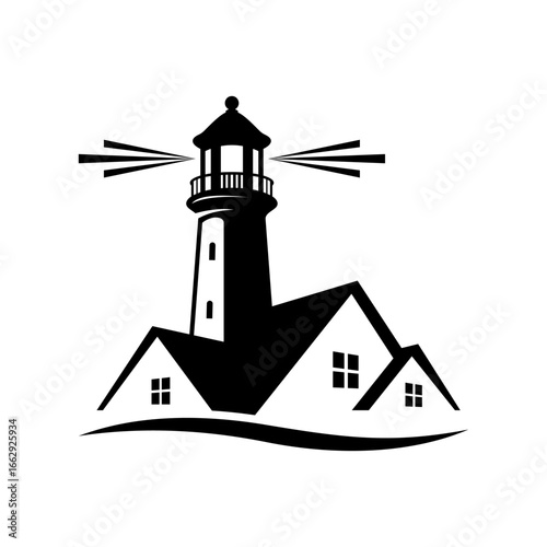 Stylish black vector emblem representing a lighthouse and home, perfect for company logos, nautical themes, and property business.