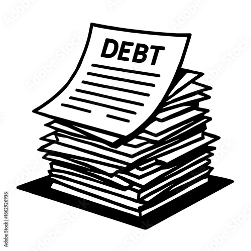 A large pile of documents and forms with a top sheet labeled DEBT for financial and economic concepts