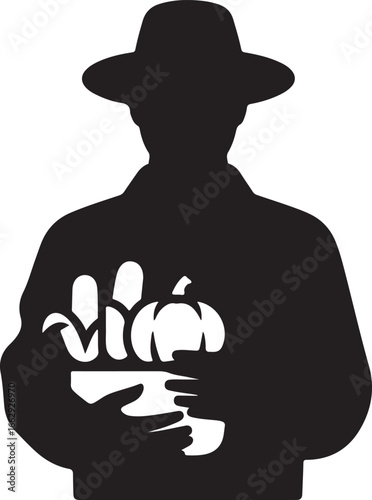 Silhouette Farmer Holding Harvest Corn Pumpkin in Hands Illustration