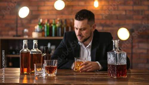 Man in suit drinking alone at bar